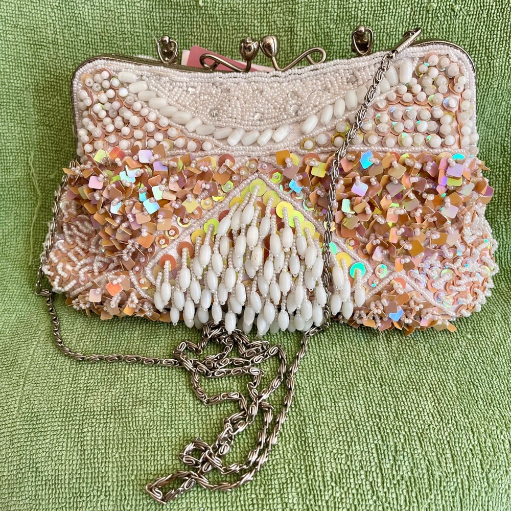 Elegant Beaded Clutch Bag - Cream and Ivory-Excellent condition
